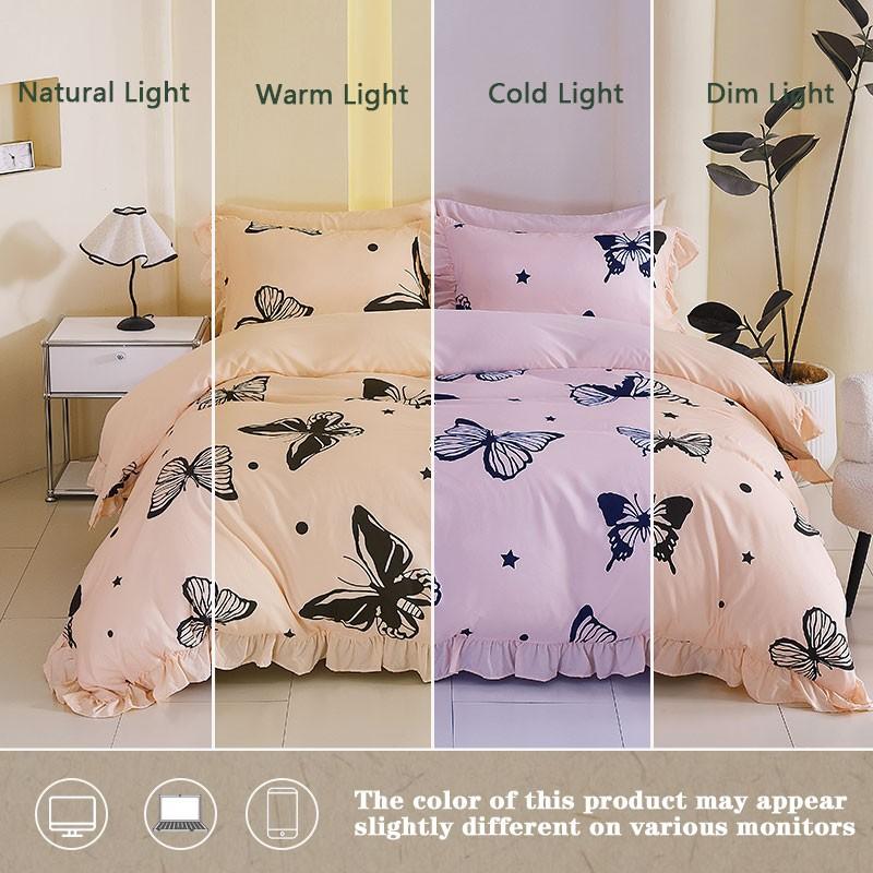 3-Piece Pink Butterfly Print Ruffled Bedding Duvet Cover Set includes 1 ruffled duvet cover and 2 pillowcases (without inserts).The duvet cover is designed with a zipper for easy removal and washing.