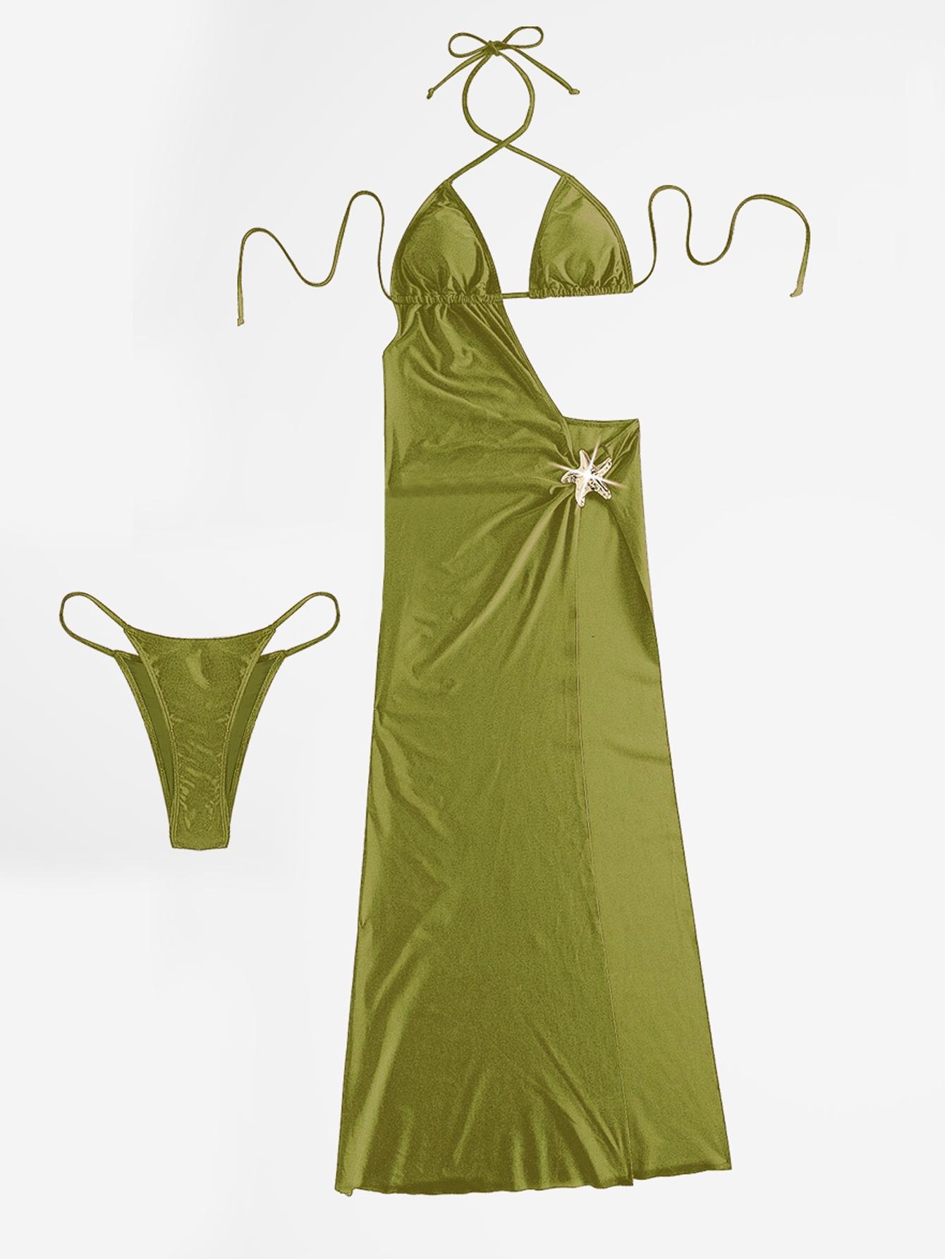 Women's Black One-Shoulder Sleeveless High Slit Maxi Dress with Gold Starfish Metal Accent - Side Cutout Sexy Party Dress for Nightclub, Beach Vacation, Festival Rave