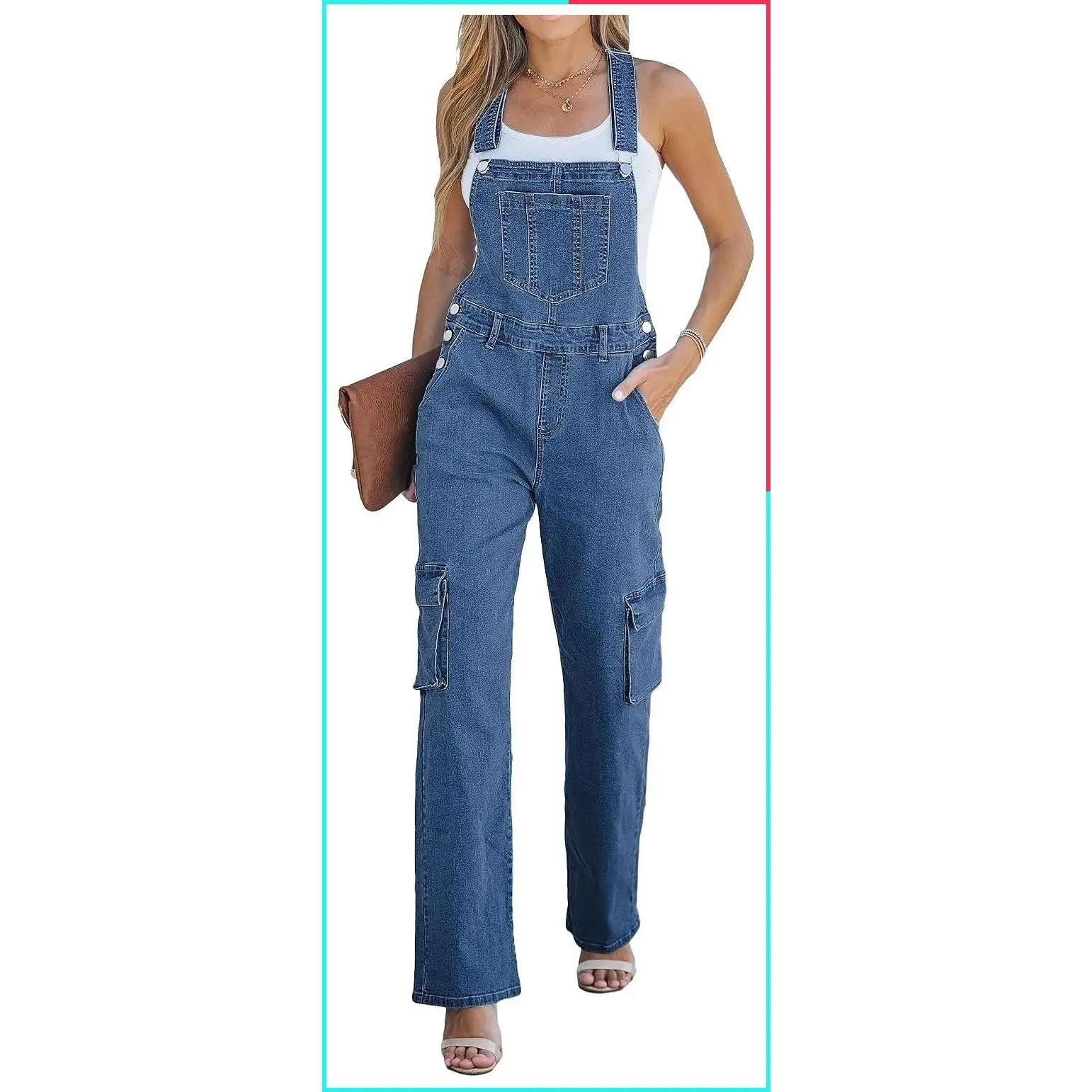 Women's Wide Leg Cargo Denim Bib Overalls - Stretchy Utility Jumpsuit, Loose 90s Trendy Fit