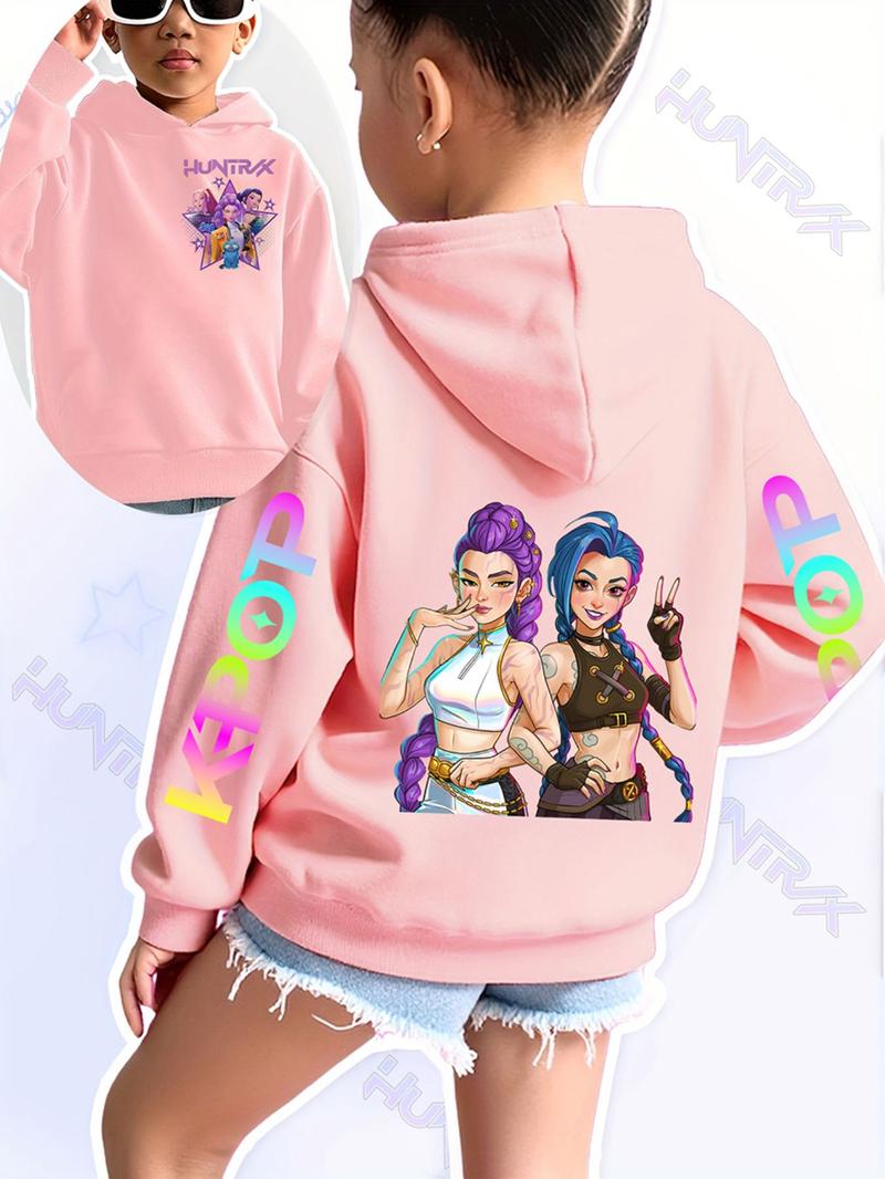 Girls Kpop Demon Hunters Graphic Casual Hoodie, Star Girl Group Pattern, Casual Fit, Autumn Winter Elastic Fabric, Christmas Gift, Fashion School Uniform