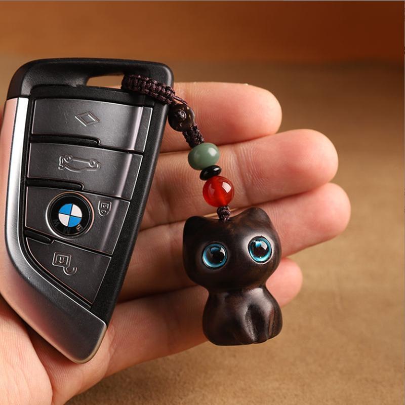 Cute Anime Cat Keychain For Women Men Mobile Phone Bag Chain Wooden Pendant Beads Creative Handmade Jewelry Accessories