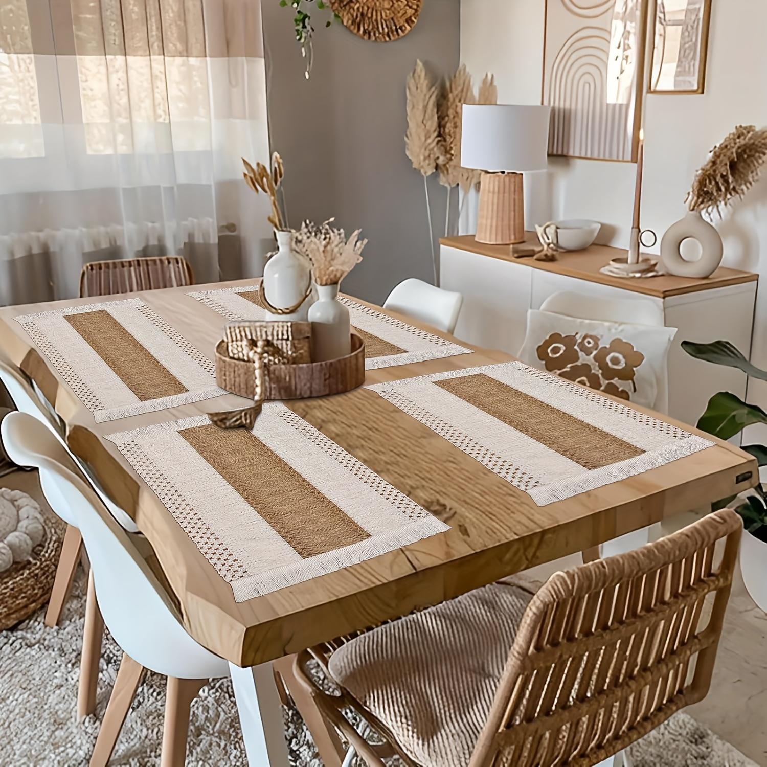 4/8pcs Bohemian Rustic Placemats, Hand-Crocheted Coffee Table Mates with Tassels in Farmhouse Burlap Style for Home Dishware Heat Insulation. Perfect as Boho Charm Decorations at the Dinning Room or Wedding Party Holiday Celebration,Party Table Decor