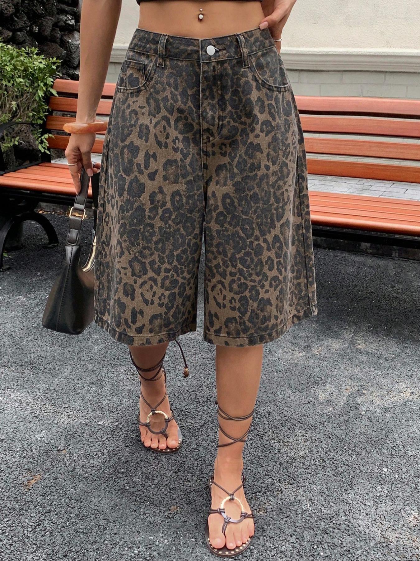 Trendy New Leopard Print Denim Jeans, Fashionable Street Style, Spring Summer Youthful Look, Women's Mid-Calf Jeans, Button Fly Closure