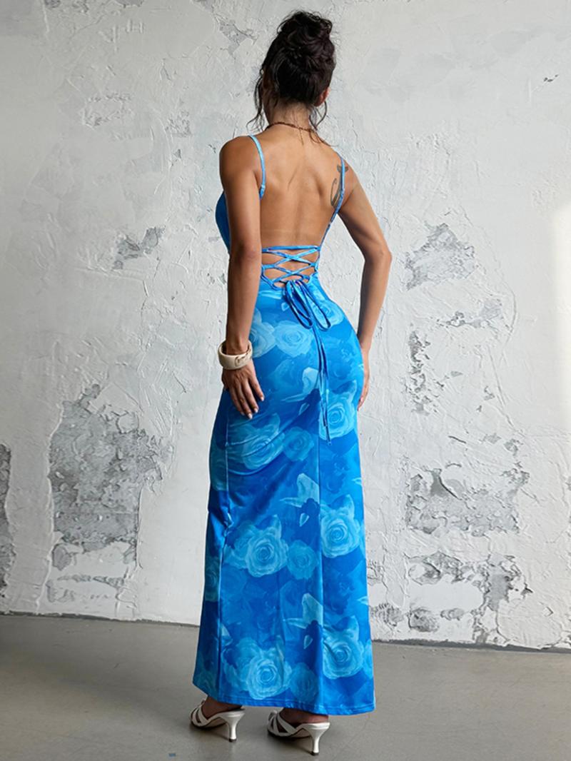 Women's Floral Print Lace Up Bodycon Cami Dress, Elegant Dresses, Adjustable Ruched Sleeveless Long Dress Ladies Clothes for Vacation Holiday Wedding Guest