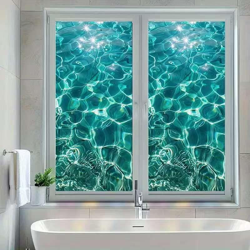2D PVC Painted Glass Film, Reusable Blue Wave Wallpaper, Easy Removal, Ideal for Living Room, Bathroom, Bedroom, Office Decor