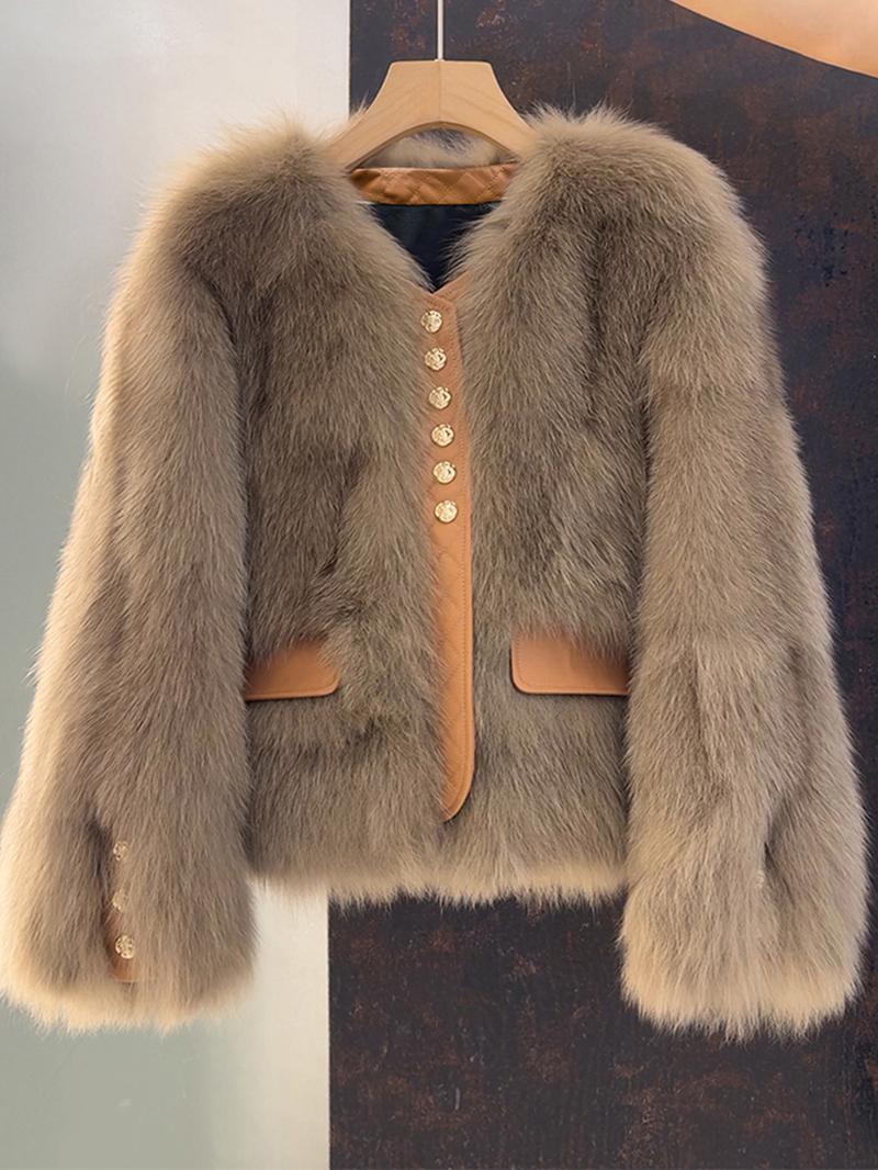 Women's Faux Fox Fur Coat, Short Autumn Winter Coat with Contrast Trim, New Korean Style Patchwork Outerwear Jackets