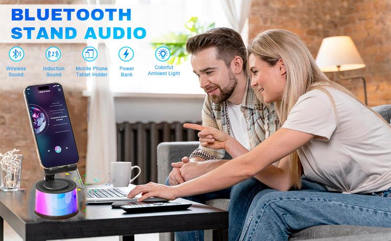 Bluetooth Speaker Phone Stand, Phone Speaker Amplifier, Stereo Sound, Adjustable Holder Wireless Induction Audio Bluetooth Speaker 5in1 Phone Holder Emergency Rechargeable with Colorful Ambient Light 300° Foldable for Tablet iPhone Android