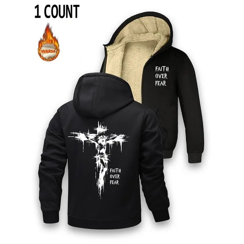 Men's Winter Fleece Hooded Thickened Lambswool Warm Zipper Cardigan, Casual Versatile Cold-proof Heated Fleece Jacket Long Sleeve Plain Tops, Beige Black Available