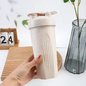 Biodegradable Wheat Straw Shaker Cup, Protein Shake Mug with Stainless Steel Stirring Ball, Portable Outdoor Sports Water Bottle