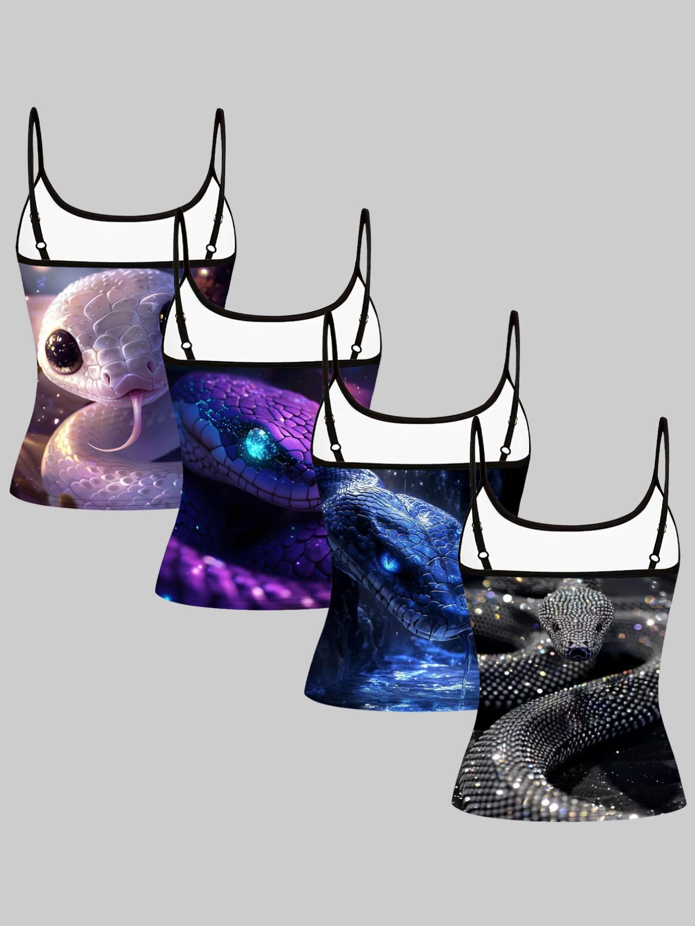 Colorful Snake Print Strappy Top, Summer Home Wear, Casual Slim-Fitting Outerwear, Unique Bodycon Shirt, Four-Piece Set