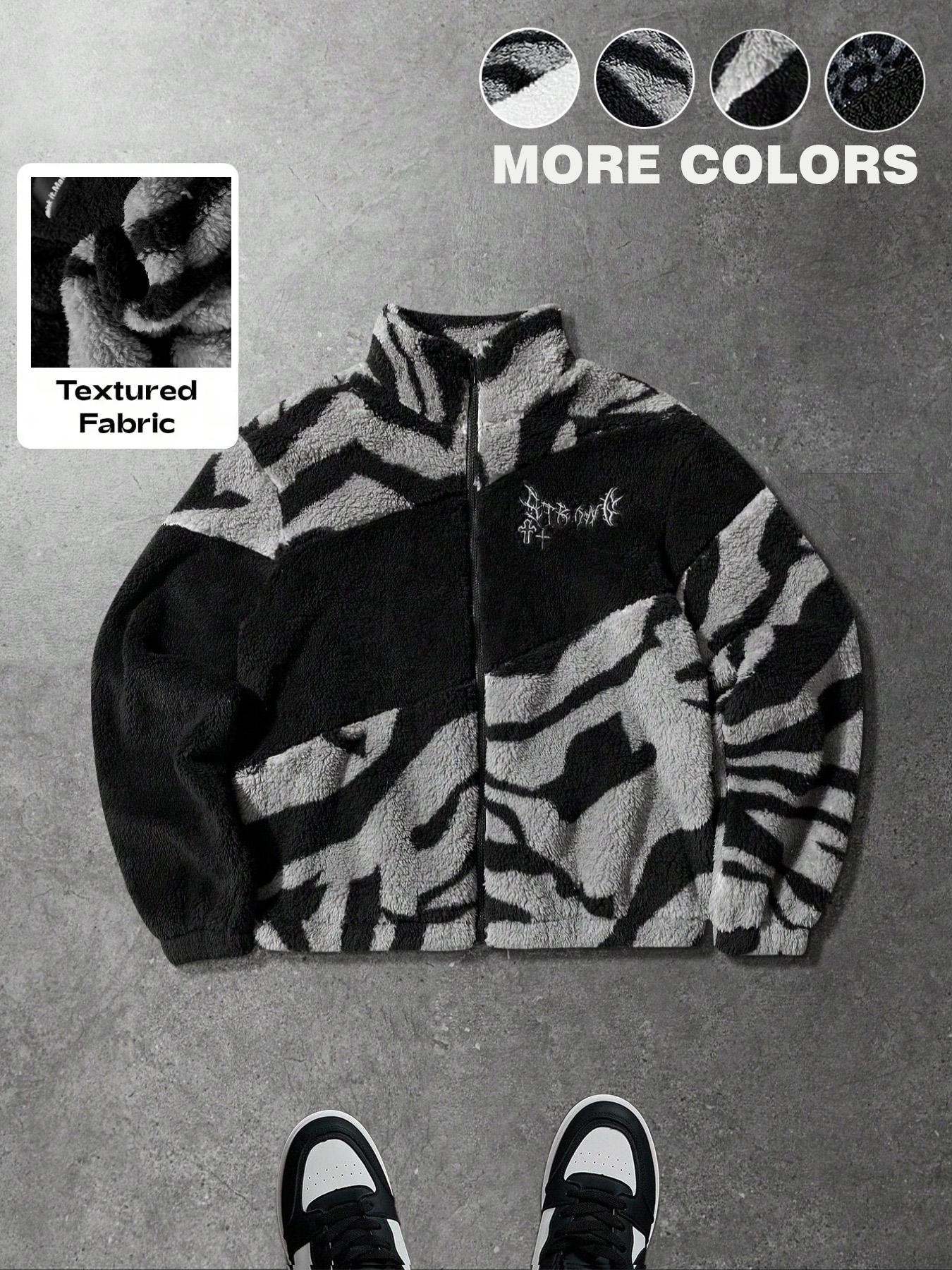Unisex design, trendy couple's outfit, Y2K style with English patterns and street-style zebra print color-blocked fleece-lined Long Sleeves jacket for autumn and winter. Suitable for streetwear, Y2K fashion, high-street culture,ideal as a gift for men