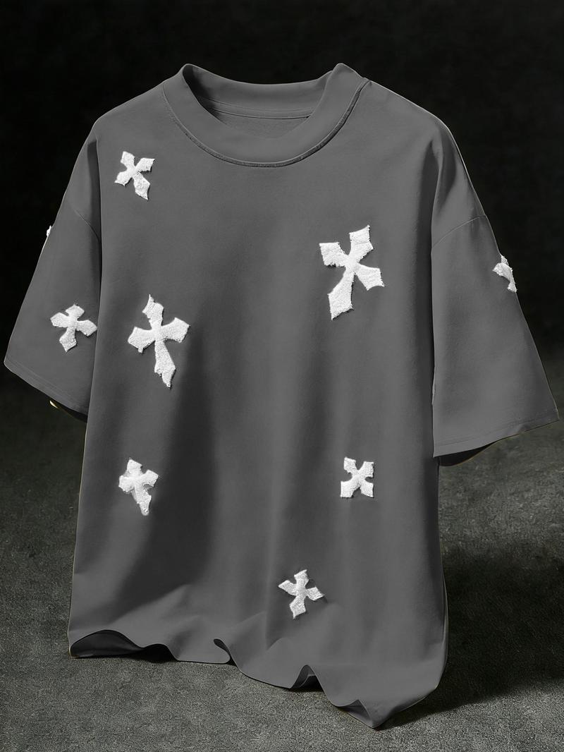 Men's Cross Stitch Embroidered Solid Color Round Neck T-Shirt, Casual Fitted Long Sleeve Top for All Seasons, Sporty College Style Men's Cross Stitch Embroidered Solid Color Round Neck T-Shirt, Casual Fitted Long Sleeve Top for All Seasons, Sporty College Style