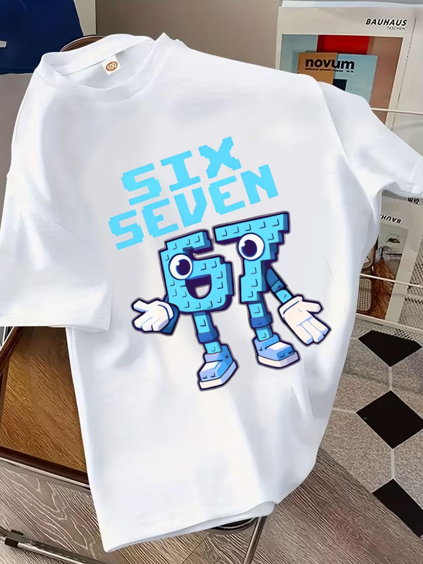 Fashion Boys Versatile Short Sleeve,#67 Six Seven  Creative Blue Number Pattern Design, Casual Short Sleeve T-Shirt, Outdoor Wear, Cool Boy Fashion Tee