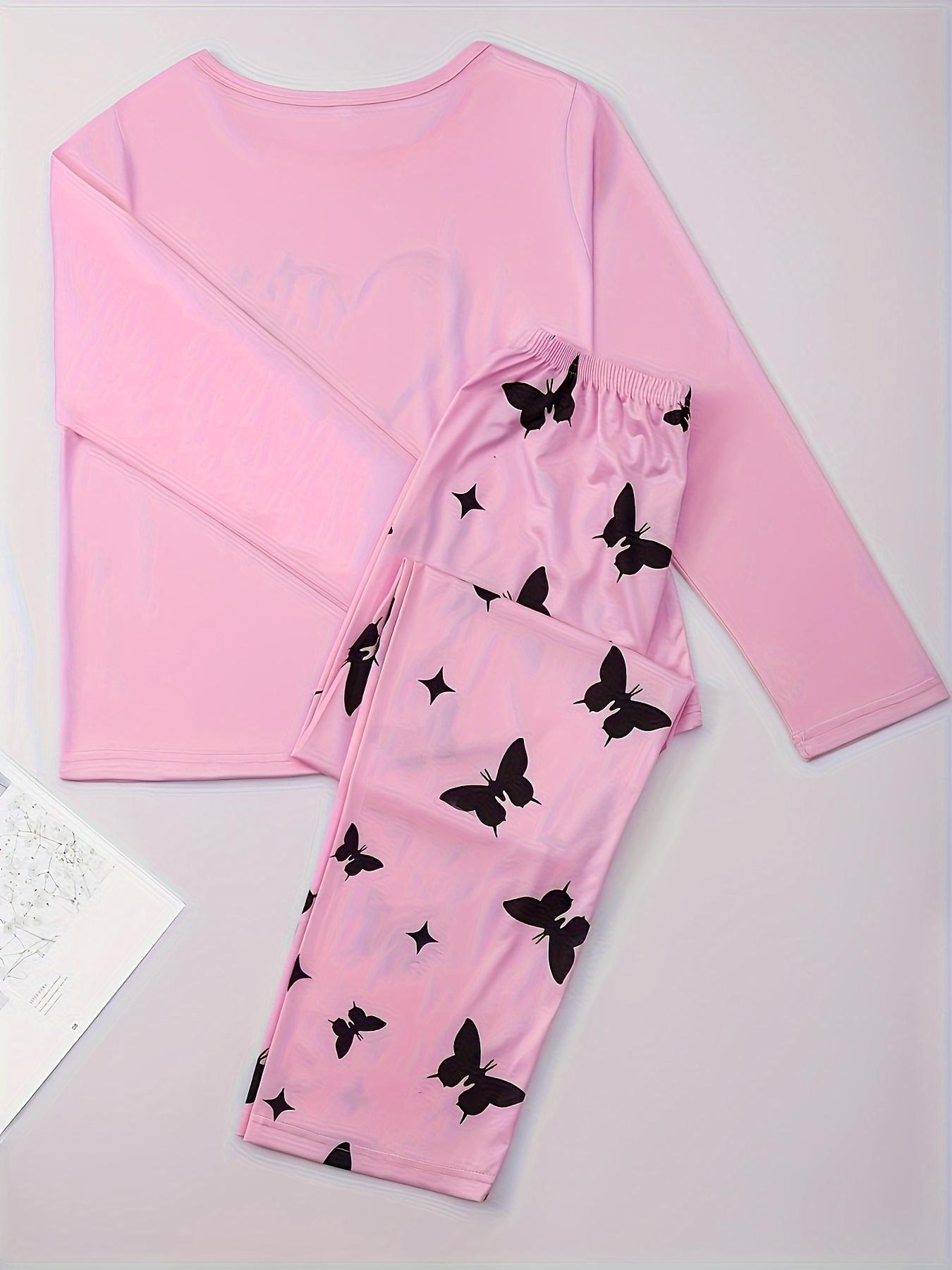 Silky Fiber Pajama Set, 95% Polyester & 5% Elastane Blend, Short Sleeve Round Neck Shorts, Heart Butterfly Patterns, Spring Summer Fall Wear, Loungewear