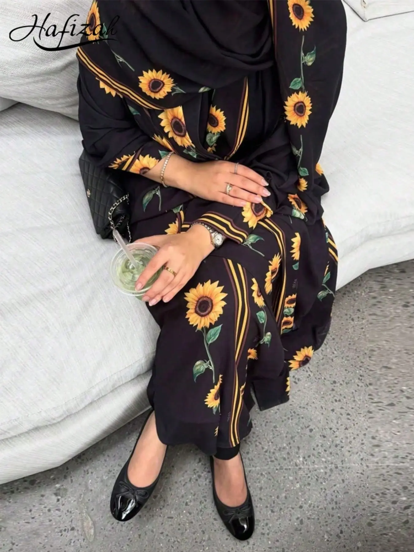 Women's Sunflower Print Abaya Robe, Stripes, Loose Long Sleeve Muslim Dress, Dubai Style Eid Elegant Wear