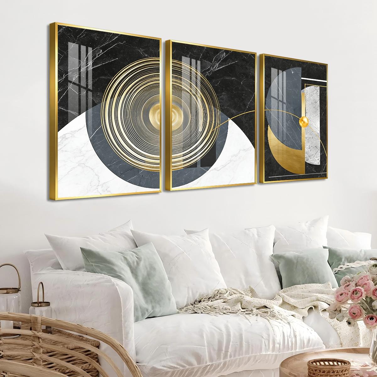 3 Counts Aluminum Alloy Framed Painting, Geometric Abstract Gold And Marble Art, Home Decoration For Living Room, Bedroom, Office, Restaurant, Hallway Wall Decor, Odorless Print Artwork, Luxury Perfect Gift For Friends And Family