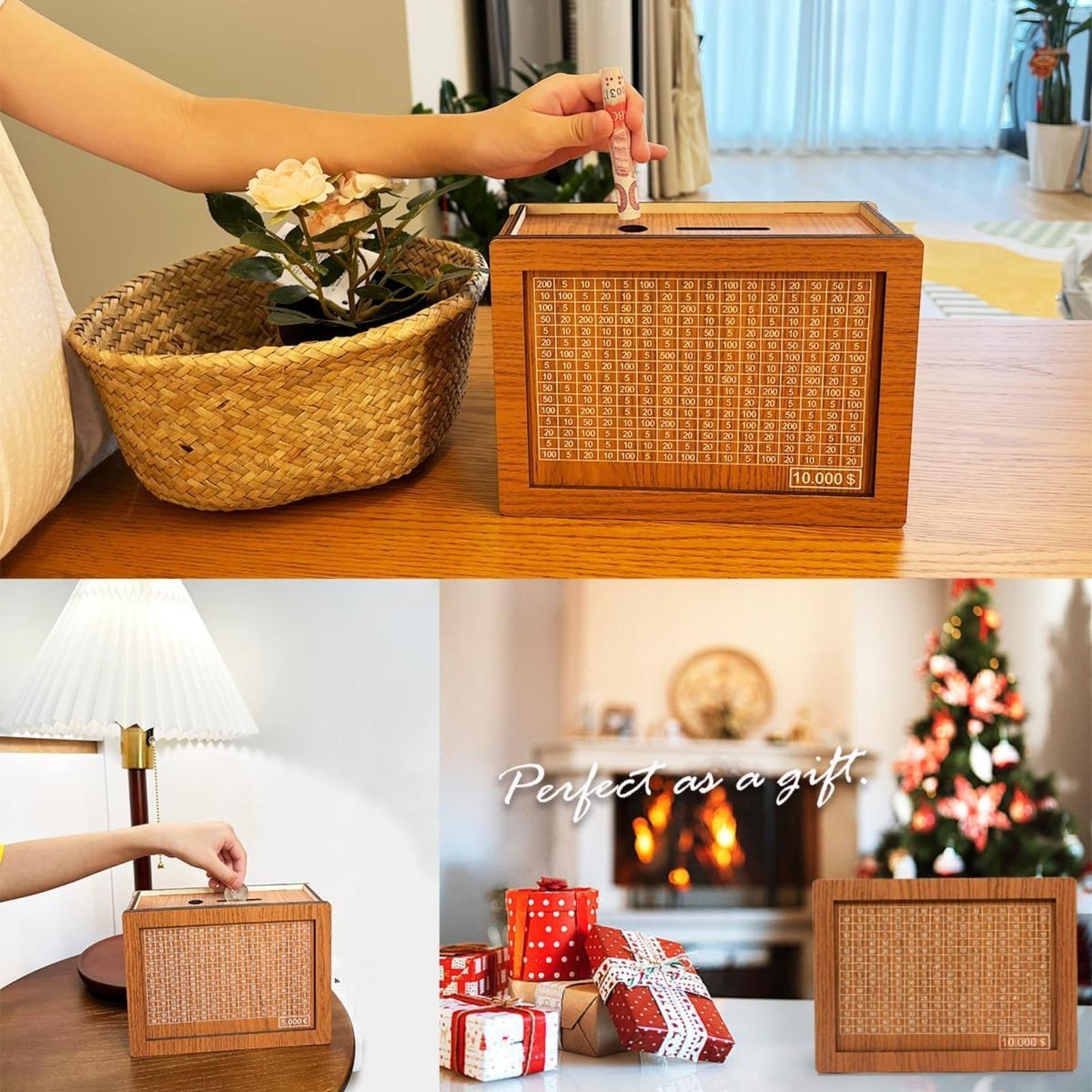 Money Saving Box with 10,000 Dollars Target,  Money Vault Savings 10k,Cash Vault Wooden Savings Box,Savings Challenge Box with Money Target and Numbers, Coins, Decor