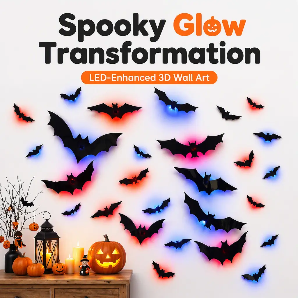 Lighted 3D Halloween Bats Wall Decor with Red & Blue LEDs (12pcs) |   10 Assorted Shapes with Foldable Wings for Layered Walls, Windows, Doors and Party Backdrops