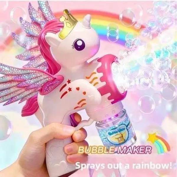 Cartoon Unicorn Bubble Machine Electric Bubble Gun Automatic Soap Blower 12 Holes Bubble Blowing Toy with Lights and Wings