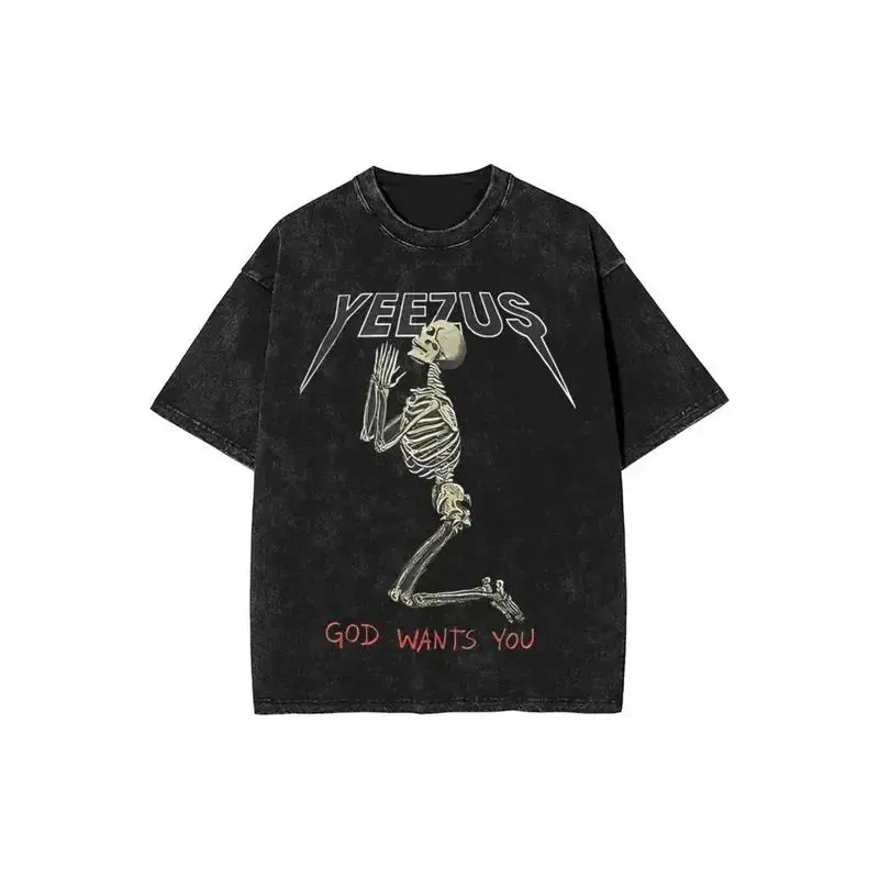 Vintage Yeezus Graphic Tee: Oversized Streetwear T-Shirt with "God Wants You" Retro Hip-Hop Print, Unisex Round Neck Short Sleeve for Men & Women |   Washed Cotton Top for Spring, Summer, Fall Casual Wear, Gym & Everyday Outfits