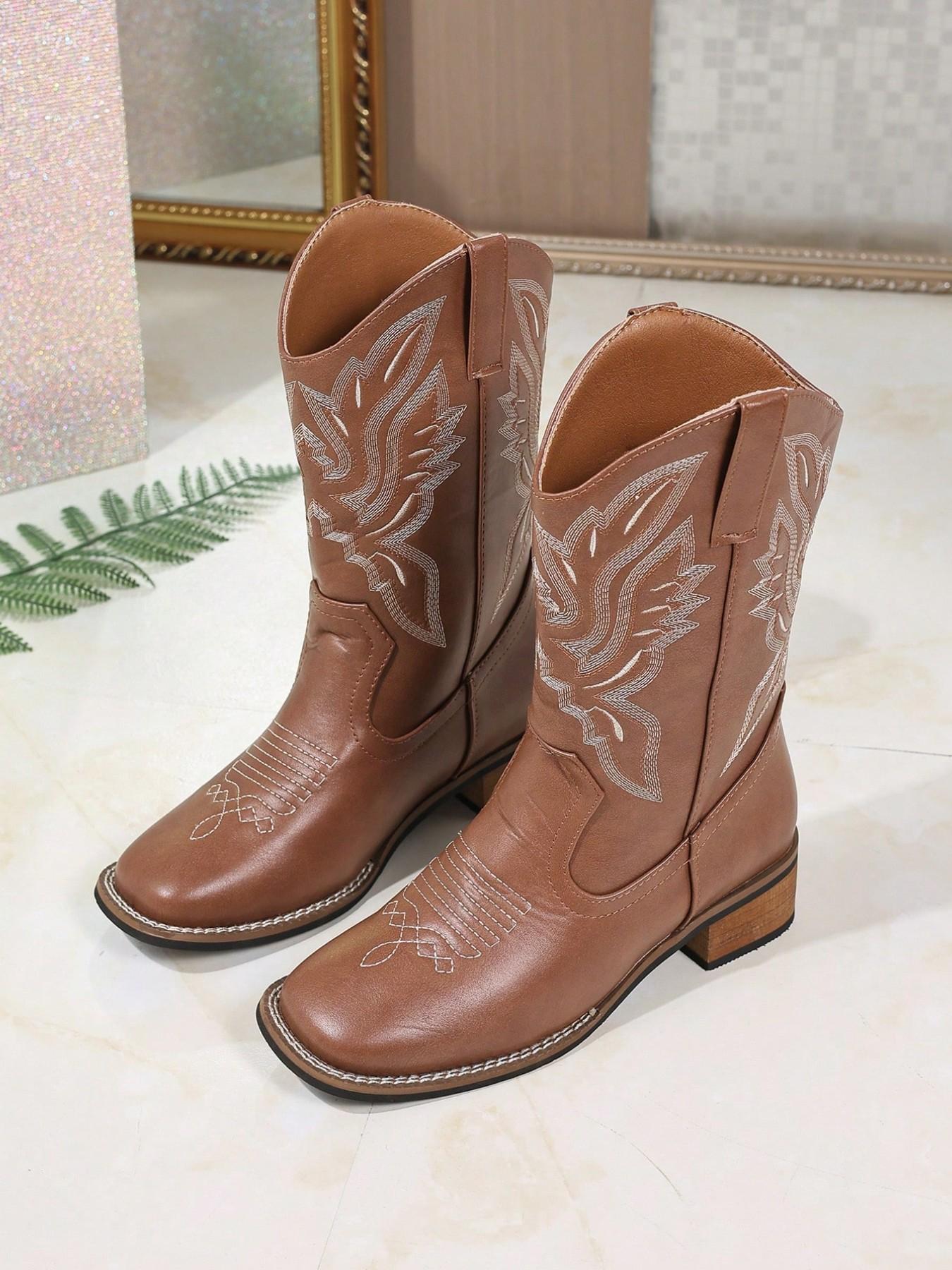 Women's Coffee Embroidered Square Toe Cowboy Boots, Mid-Calf Western Boot, Slip-On, Thick Heel, Ethnic Style, Winter Footwear