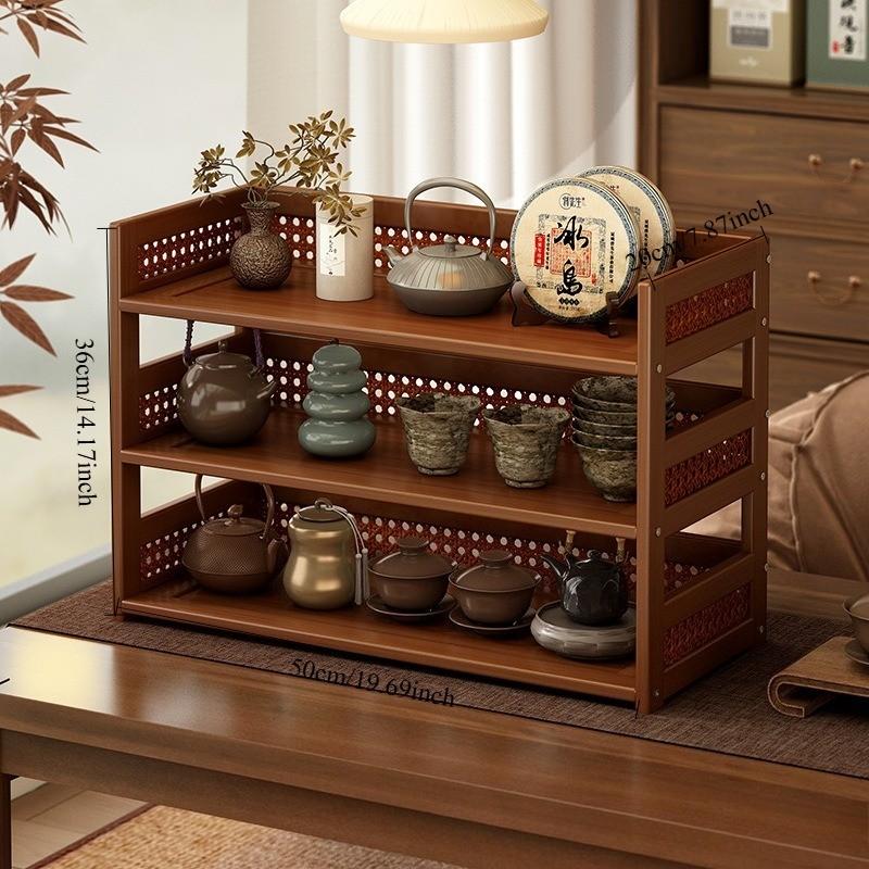 Tabletop Cup Holder Storage Display Rack, Tea Set Cups Water Glasses Coffee Mugs Organizer, Kitchen Counter Shelf, Bamboo Wood Stand