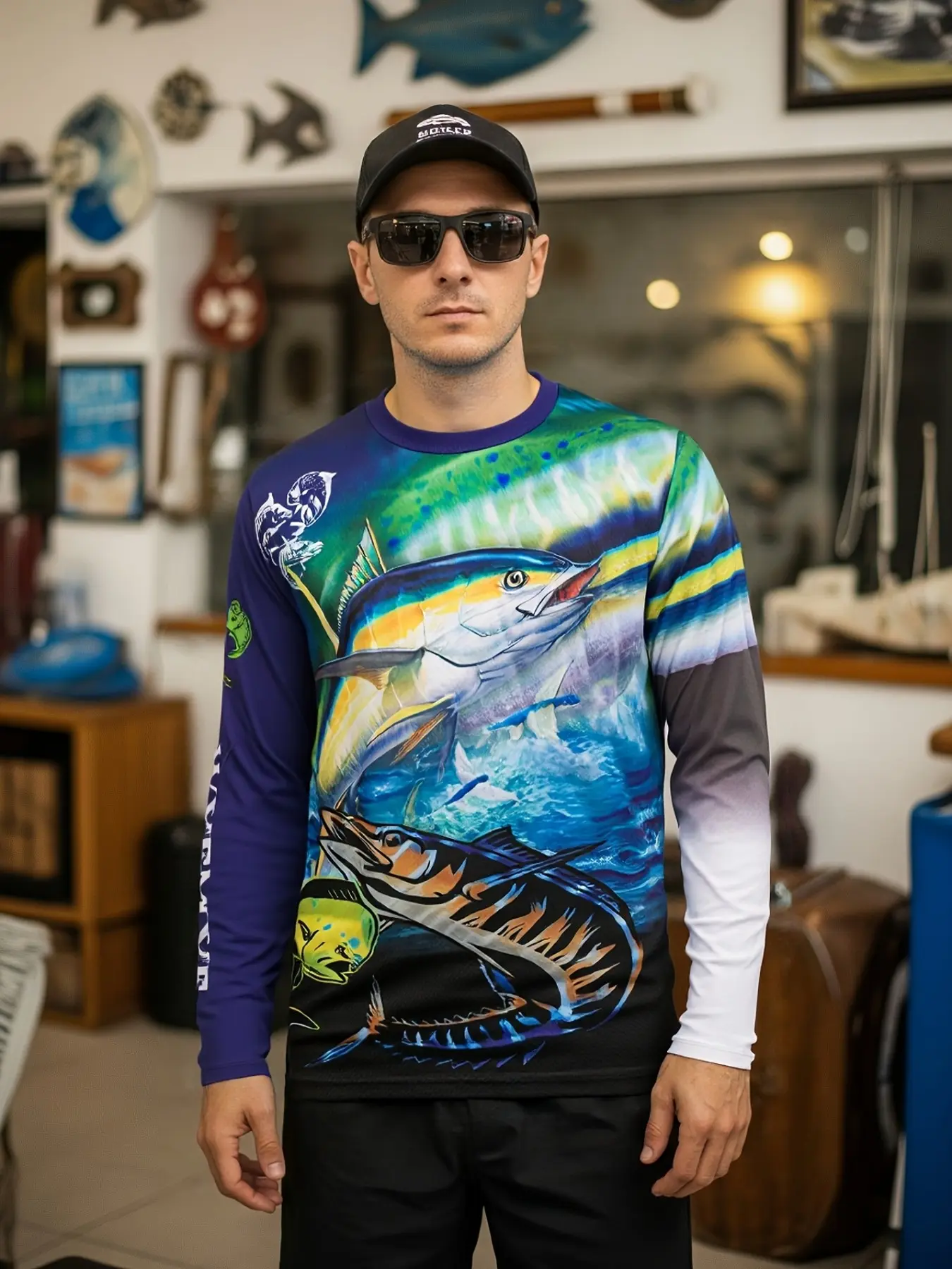 Men Long Sleeve Fishing Shirts, Ocean Tuna Fish All Over Print Sun Protection Crew Neck Tops, Breathable Quick Dry Outdoor Sports Pullover For Sea Fishing Hiking