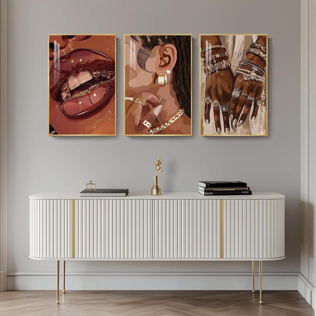 3 Counts Aluminum Alloy Framed Painting, Stylish Woman Jewelry And Gold Accessories Art Posters, Home Decoration For Living Room, Bedroom, Office, Restaurant, Hallway Wall Decor, Odorless Print Artwork, Luxury Perfect Gift For Friends And Family