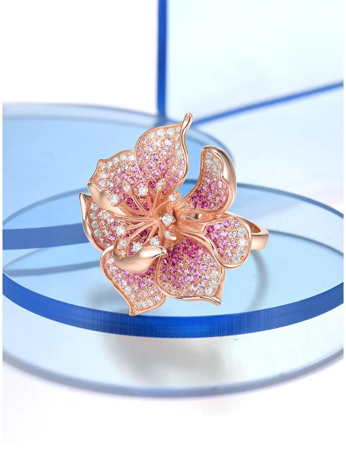 SANTUZZA 925 Silver Created Pink Sapphire White Cubic Zirconia Ring Blossom Hibiscus Charming Fashionable Jewelry