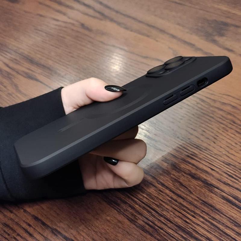 For iPhone 17 Pro Max 16 15 14 13 12 11 Pro Max Mag Safe Slim Case with Glass Camera Lens Cover Durable Silicone Slim Shockproof Cover (Black)