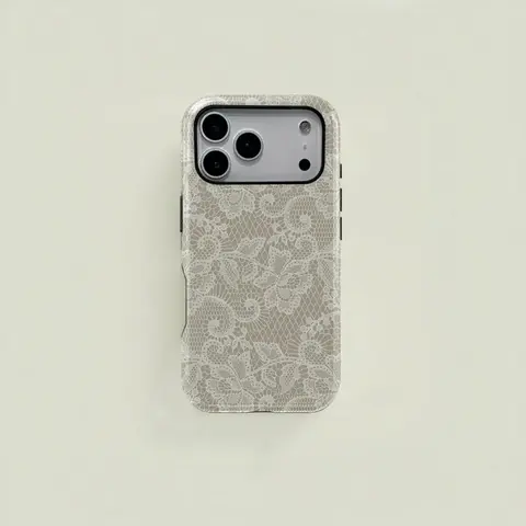 Fashion Non-Customized White Retro Elegant Floral Lace Glossy Phone Case for iPhone 17,16,15,14,13,12,11,Pro,Max,Plus,Air; Easy-Remove, Precise, Anti-Scratch, Shockproof Cover