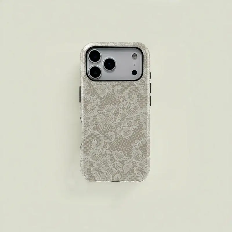 Fashion Non-Customized White Retro Elegant Floral Lace Glossy Phone Case for iPhone 17,16,15,14,13,12,11,Pro,Max,Plus,Air; Easy-Remove, Precise, Anti-Scratch, Shockproof Cover