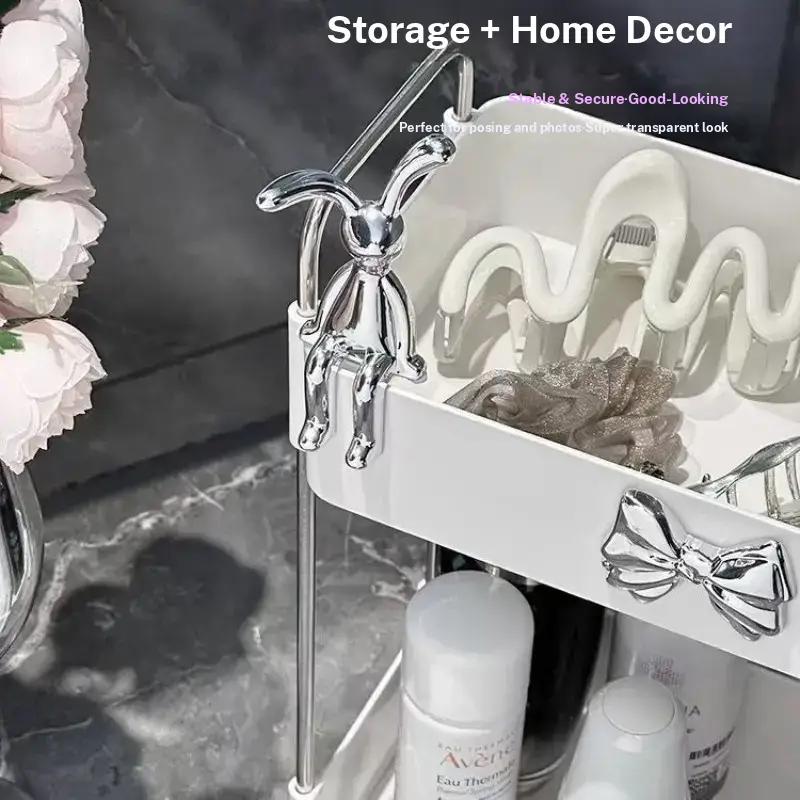 Two-Layer Makeup Storage Box with Rabbit Bow Decor, Multifunctional Bathroom Organizer, Compact Space-Saving Design, Perfect Gift