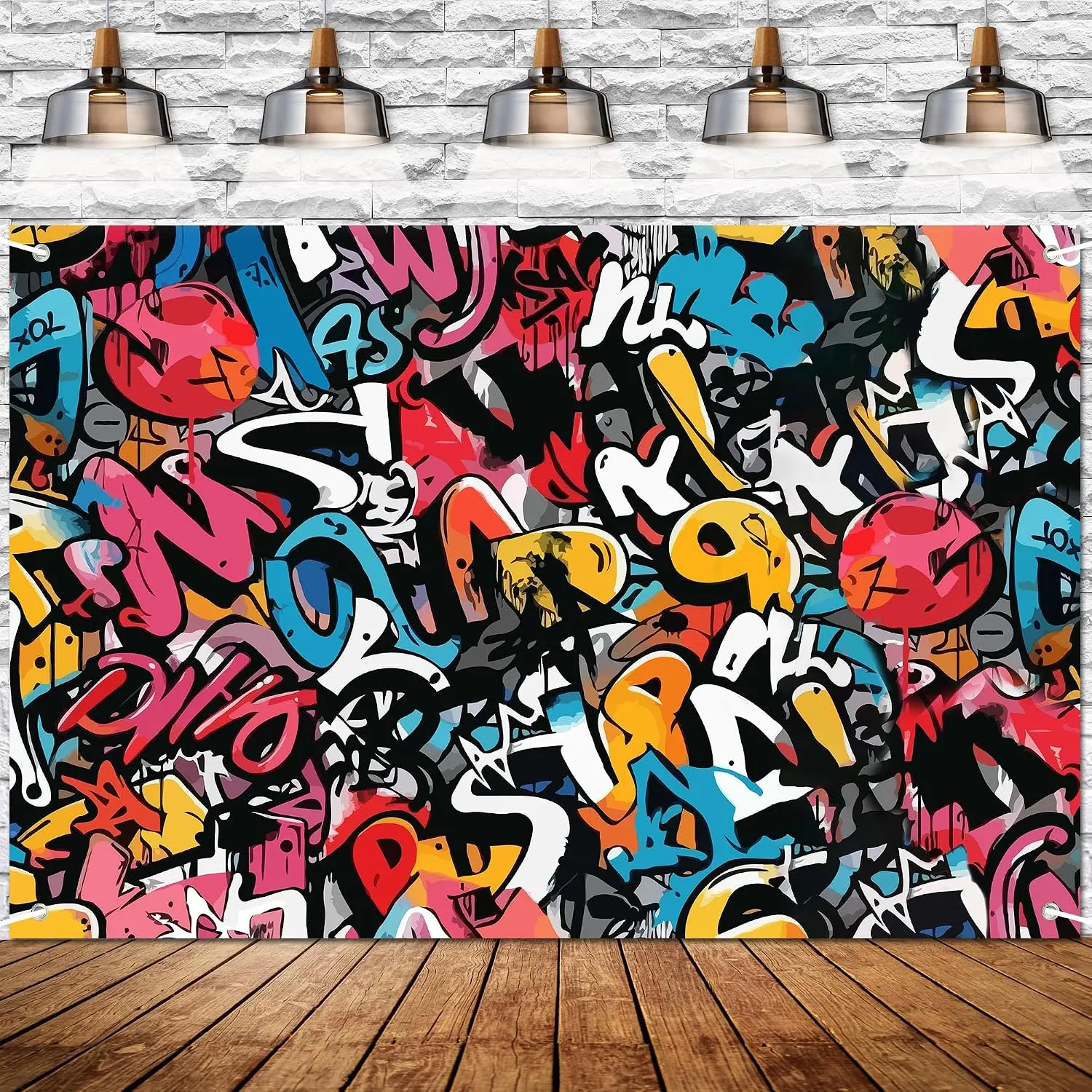Vintage Retro Colorful Graffiti Drip Paint Bold Letters Seamless Pattern Backdrop Banner, 72x43 in Festive Party Decor for Hip Hop Street Parties, Music Festival, Photography Studio