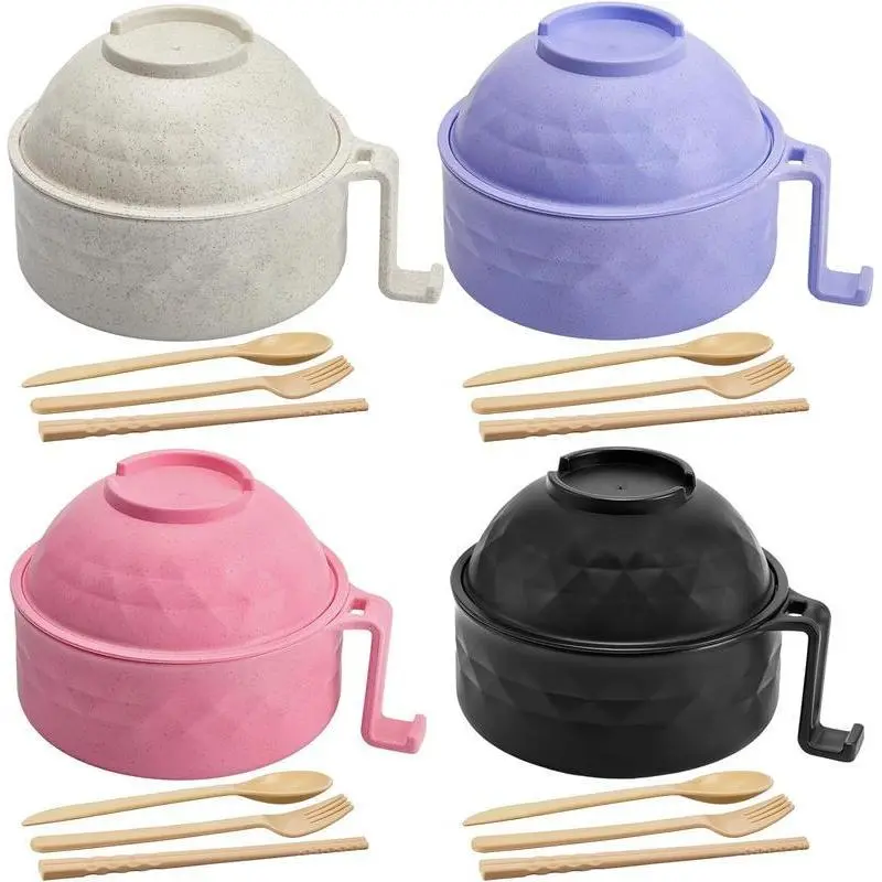 6PC-Set Microwave Ramen Bowl Set with Lid & Handle, Kitchen Tableware for Home & Dorm Use