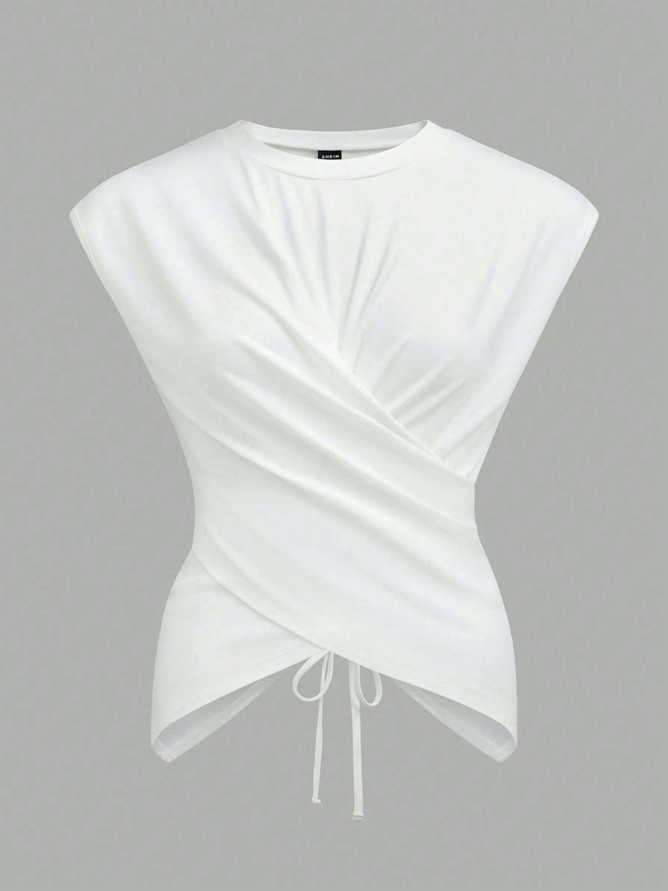 2026-2027-Women's Knitted Round Neck Drop Shoulder Sleeve T-Shirt, Fashion Casual Asymmetrical Ruched Cross Cutout Back Tie Top