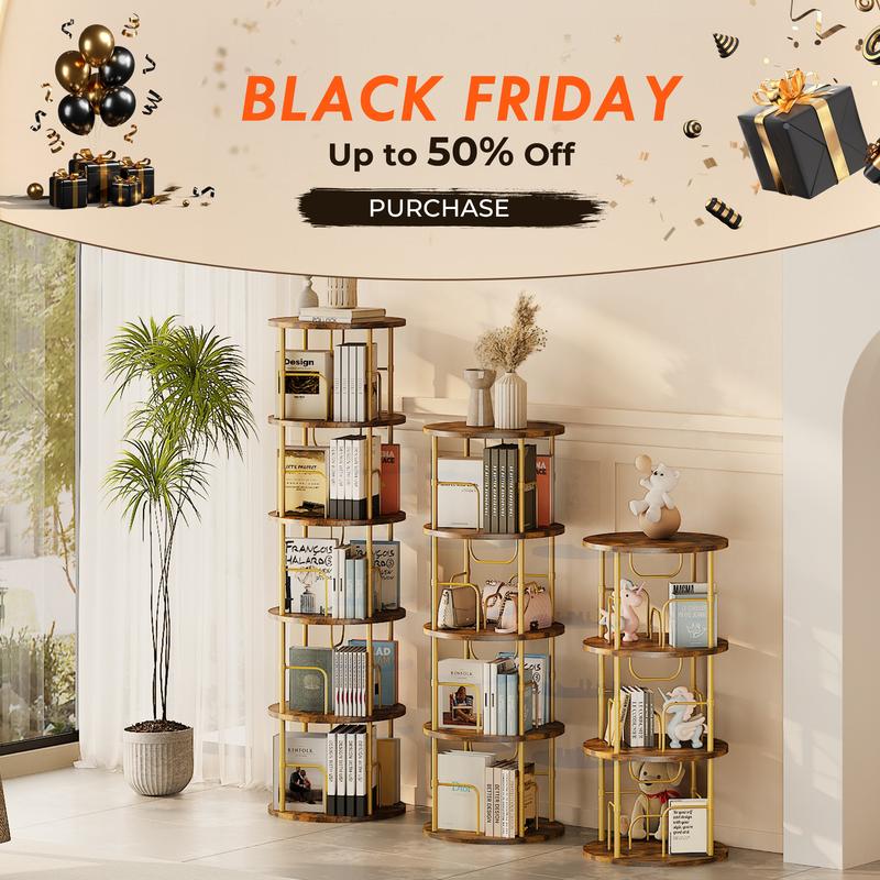 Flycity Rotating Bookshelf,3 Tier - 5 Tier Spinning Bookshelf Tower,360° Display Floating Shelves,Floor Standing Corner Racks Furniture Storage Organizer Design Round Modern floating shelves Adjustable Height Chair
