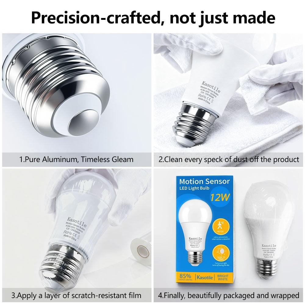 2/4Pack Kasotile Motion Sensor Light Bulbs, 12W (100Watt Equivalent), Motion Activated Dusk to Dawn Security LED Bulb, 3000K WarmWhite/6000K Daylight, for Indoor and Outdoor Lighting, Porch, Stairs, Hallway