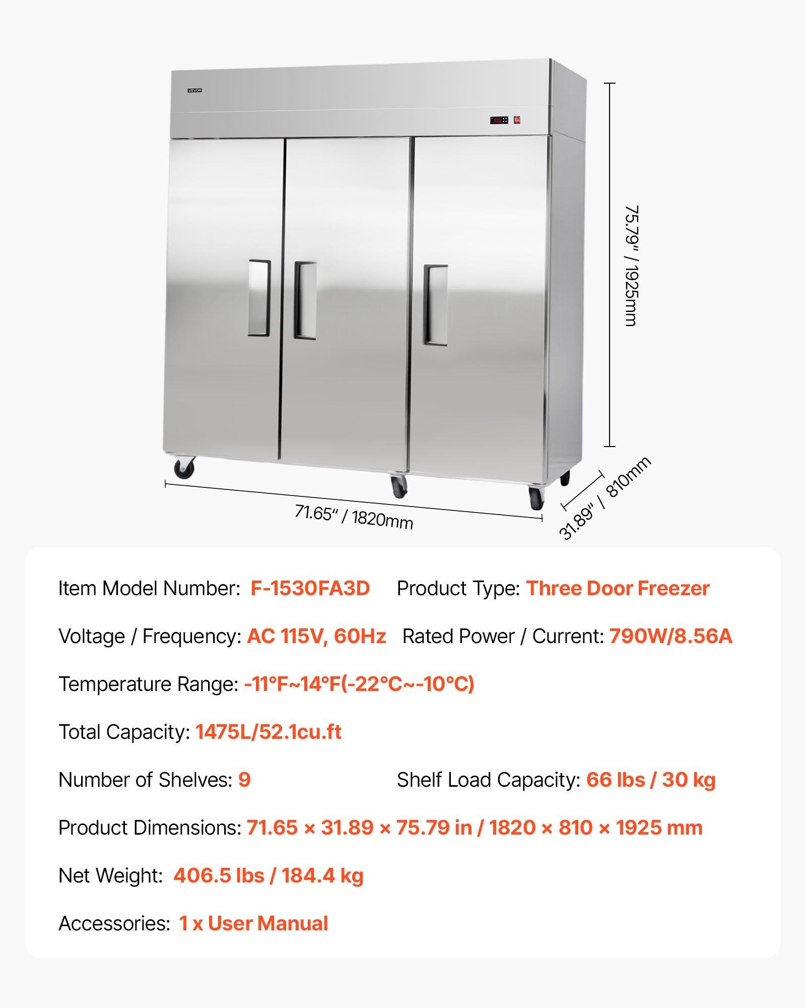 VEVOR Commercial Freezer, 71.65 in Width Reach In Upright-Freezer Three Door, 50.2 Cu. ft Auto-Defrost Stainless Steel Freezer with 12 Adjustable Shelves, -11 to 14 Temp Control, LED Light, 4 Wheels