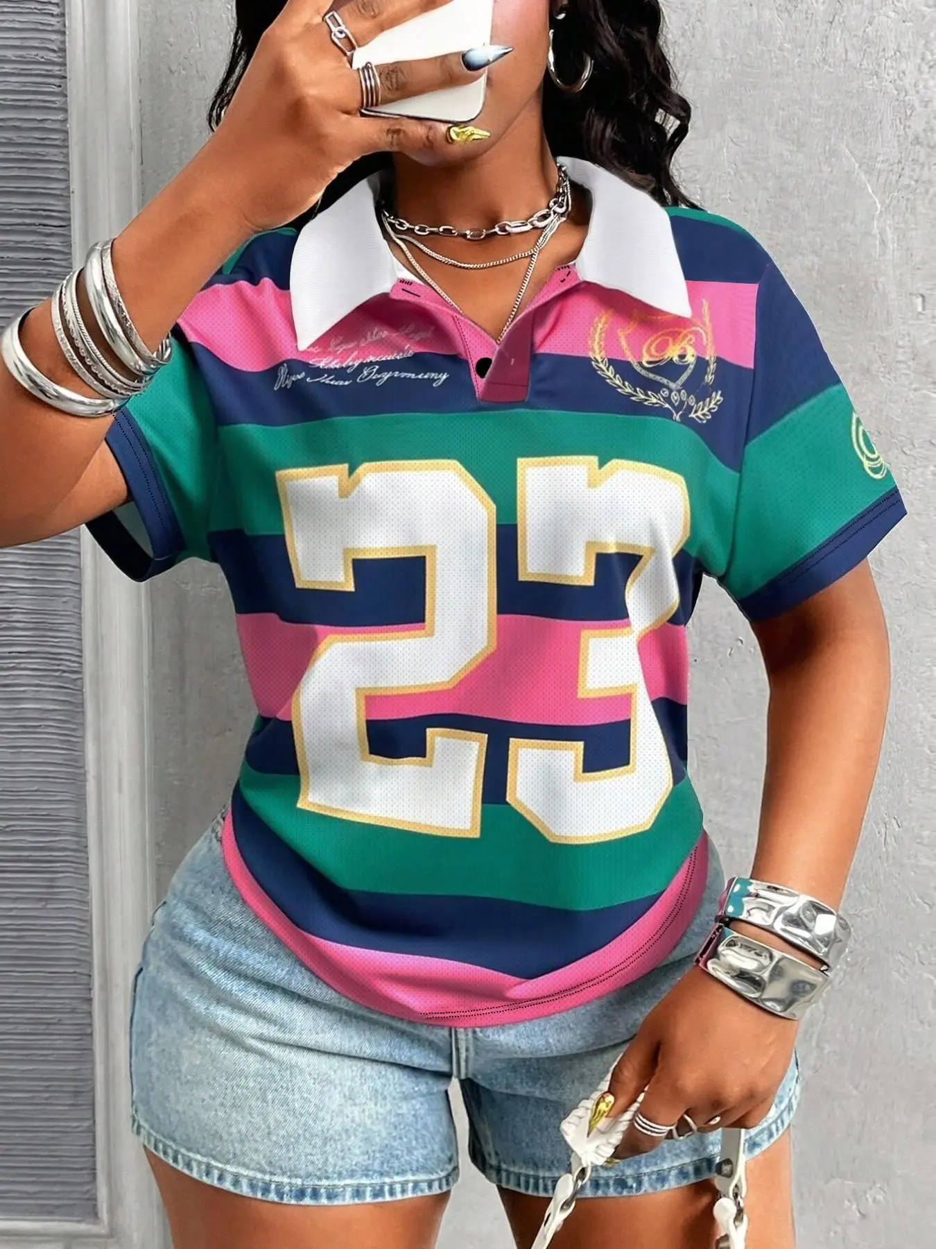 Street Fashion Sporty Colorblock Striped Polo Shirt Top for Women, Number 23 Print Slim Fit Daily Wear, Casual Polo Shirts, Streetwear