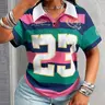 Street Fashion Sporty Colorblock Striped Printed Polo Shirt Top for Women, Number 23 Print Slim Fit Daily Wear, Streetwear