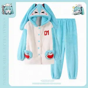Lovely Hatsune Miku Cartoon Patterns Nightgown Coral Fleece Sleeping Robe And Pants Can Be Worn As Home Clothes Outside