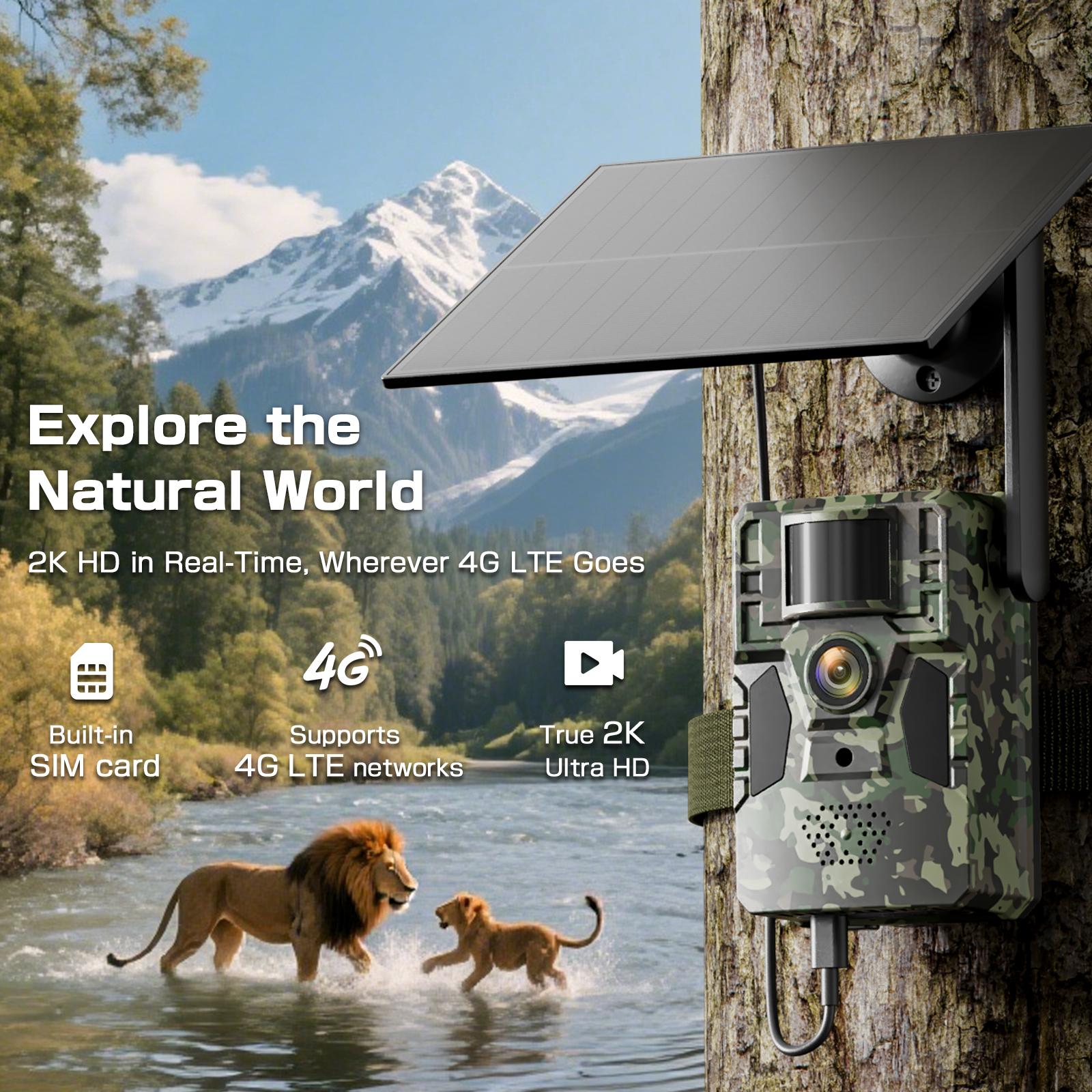 4G LTE Solar Game Camera – 2K Live Video, No Power Cord Required,WiFi Not Supported,Remote APPControlled, WaterProof, Motion Activated, NightVision, 4G Data Cellular Card Included (Data refill is required for 4G data usage)