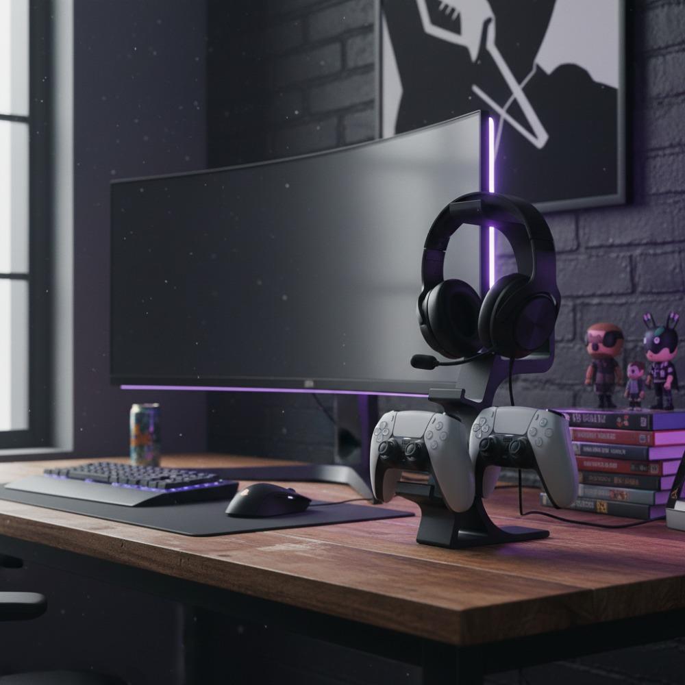 PS5, Xbox controller bracket & earphone holder, gamepad + earphone storage bracket, gamepad storage, durable plastic, space-saving, simple white and black, high-quality plastic.