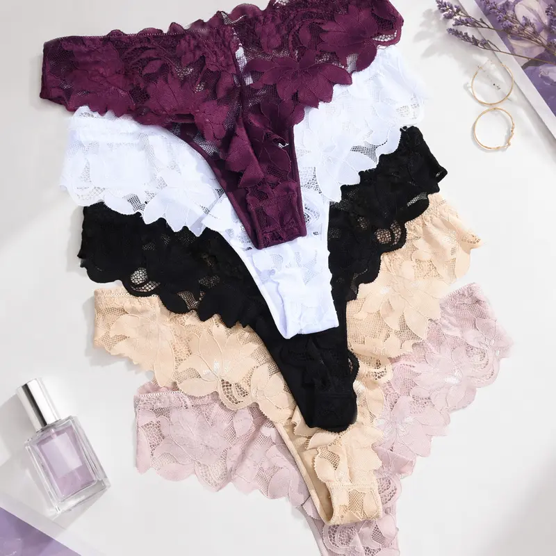 5-Pack Elegant Lace Printed Women Thong Panties Fashion Panties