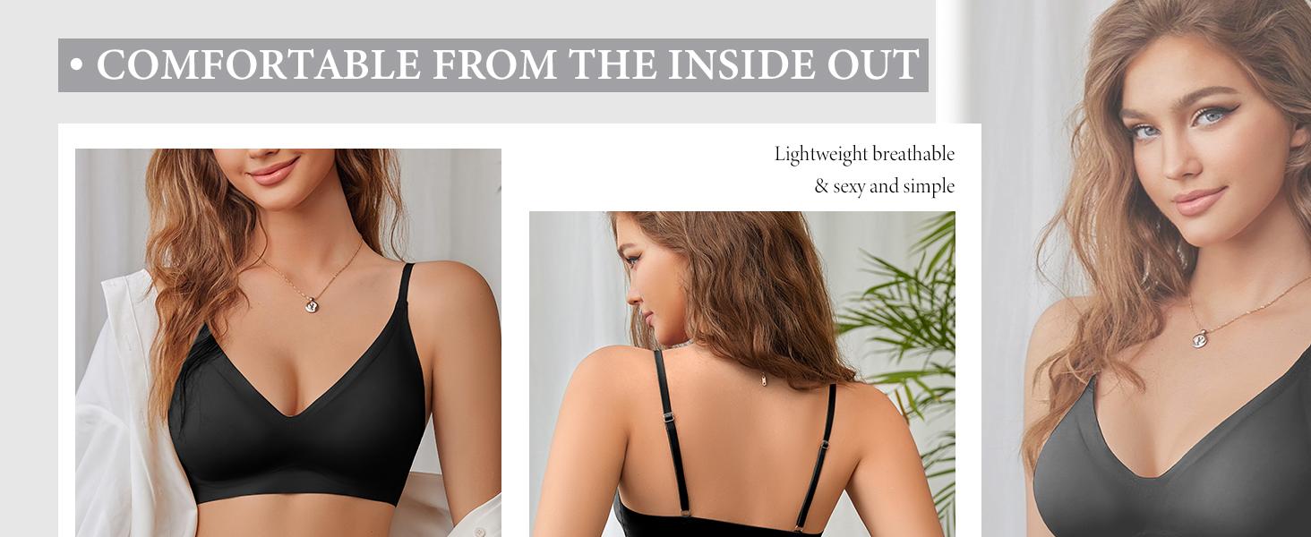 3 Pack Women's Bras Seamless V Neck Bralettes Padded Adjustable Straps Breathable Cotton Minimizer Push-Up Support Minimalist Wrap Design for Everyday Comfort & Fitness Black