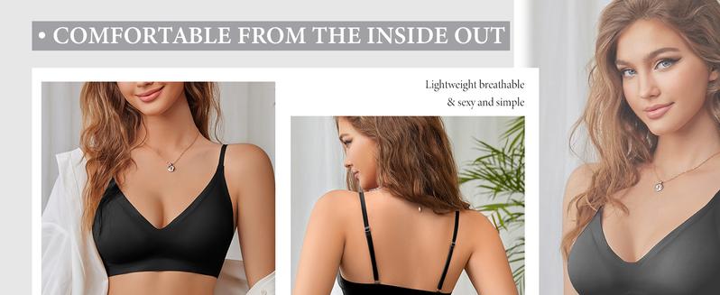 3 Pack Women's Bras Seamless V Neck Bralettes Padded Adjustable Straps Breathable Cotton Minimizer Push-Up Support Minimalist Wrap Design for Everyday Comfort & Fitness Black