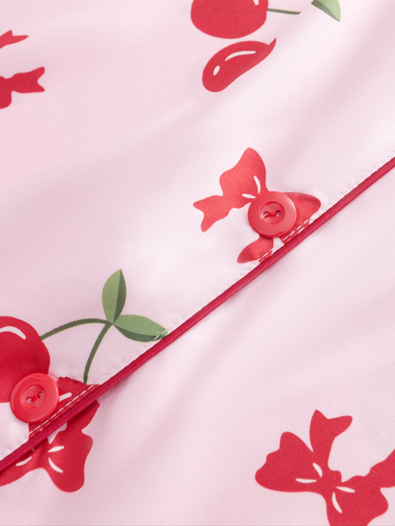 Women's Cherry Print Pajama Set, Cute Comfortable Short Sleeve Button Front Top & Elastic Waist Pants Shorts, Breathable Sleepwear