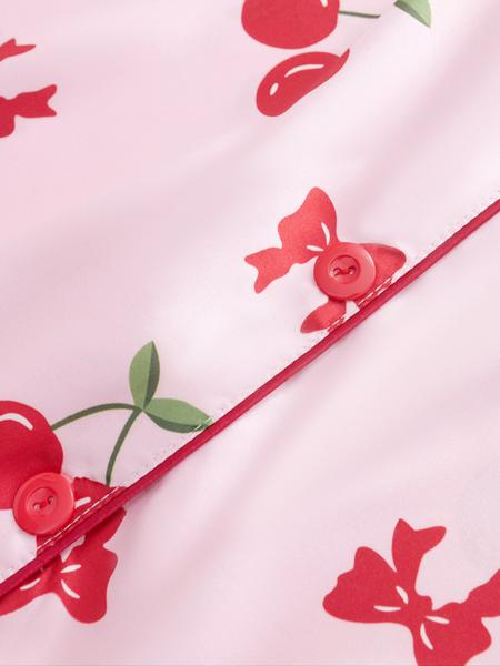 Women's Cherry Print Pajama Set, Cute Comfortable Short Sleeve Button Front Top & Elastic Waist Pants Shorts, Breathable Sleepwear