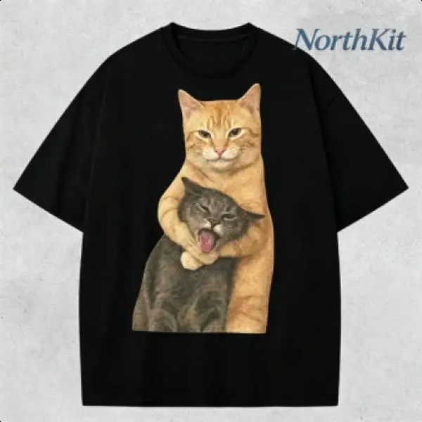 Cat Quarrel Moment Print T-Shirt, High-Quality Quilted Vintage Fashion Brand T-Shirt, Men's T-Shirt, Men's Summer Clothing Summer T-Shirt, Holiday Gift, Perfect Gift ,fathersdaygift